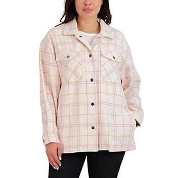 HFX Plaid Short Shacket Snap Button Down Shirt Pink Orange - Picture 1 of 12